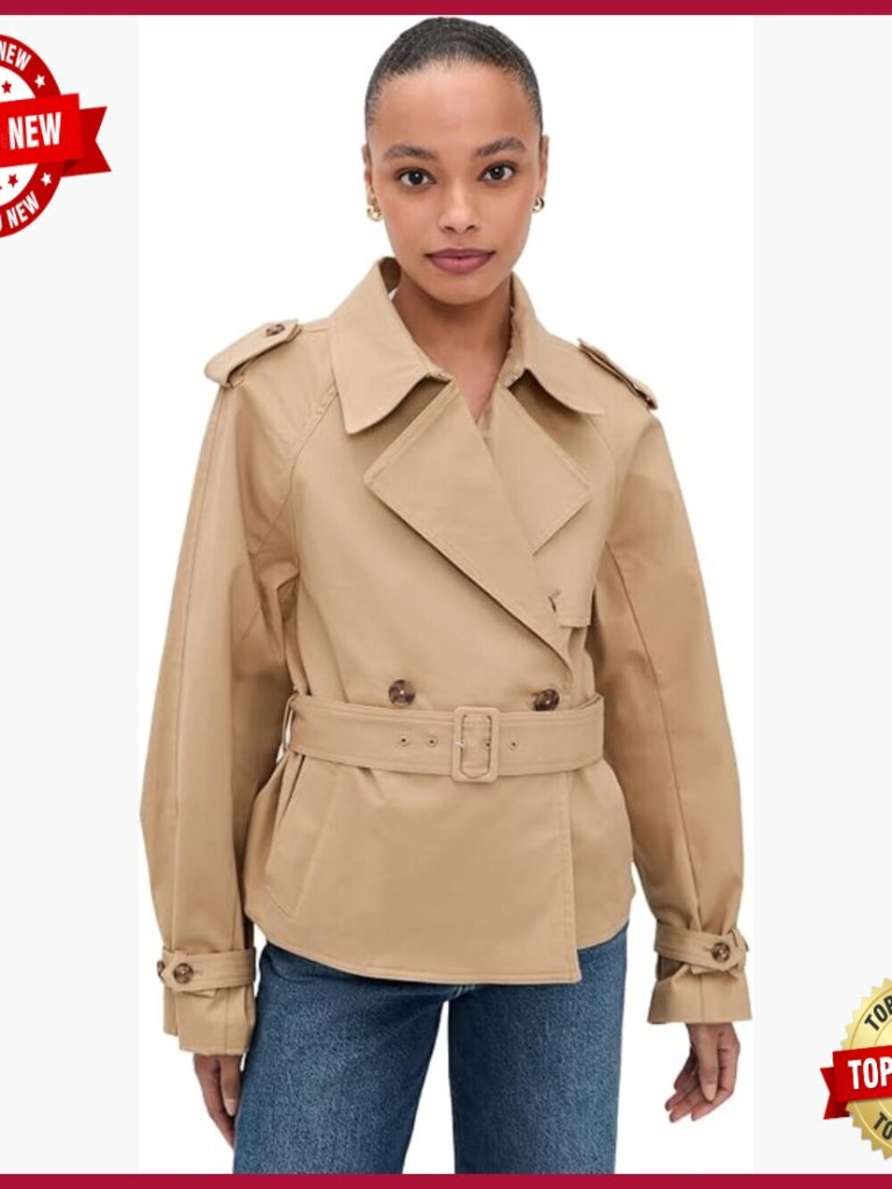 Cropped Trench Jacket, Mid-Weight Twill, Long Sleeves, Belted